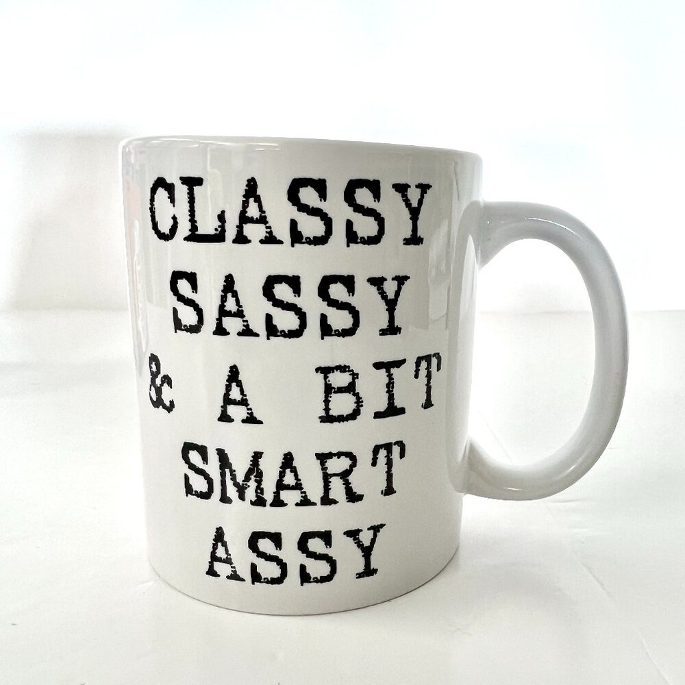 NWT Classy Sassy‎ & A Bit Smart Assy Black White Novelty Funny Mug- 325mL /11oz